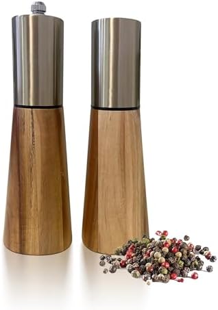 Premium 304 Stainless Steel Salt and Pepper Grinder Set with Oak Body