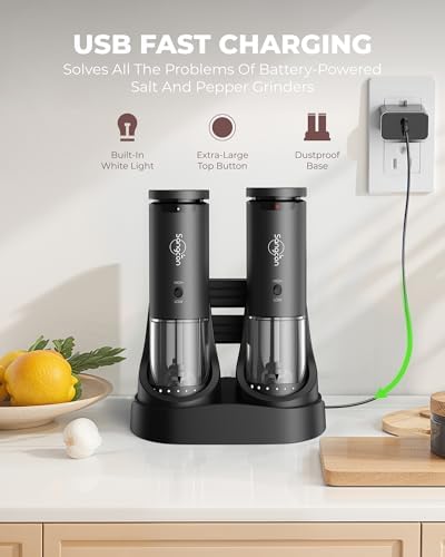 Sangcon 2 Speed Electric Salt and Pepper Grinder Set with Rechargeable Base
