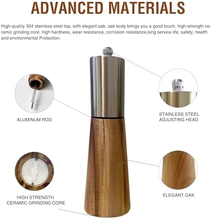 Premium 304 Stainless Steel Salt and Pepper Grinder Set with Oak Body