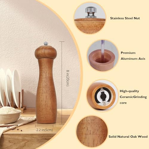 ManGotree8 inch Wooden Pepper Salt Mill Set AdjustableCompact