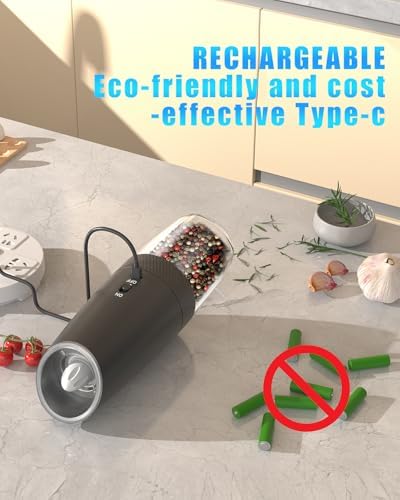 Tomentific 2-Pack Gravity Electric Salt and Pepper Grinder Set USB Rechargeable Black
