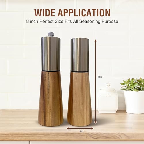 Premium 304 Stainless Steel Salt and Pepper Grinder Set with Oak Body