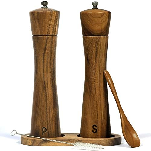 Finnhome Salt and Pepper Grinder Set with Wooden Stand Acacia Wood Adjustable Coarseness