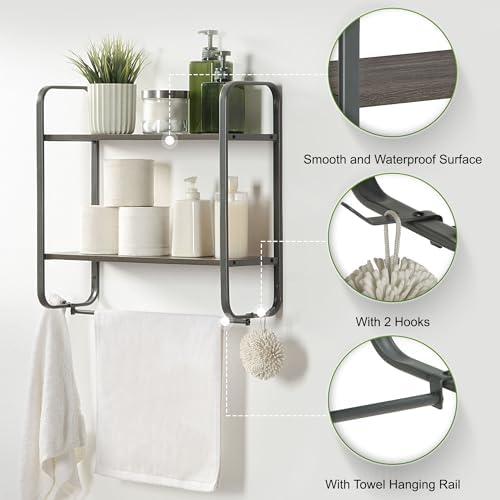 2 Tier Bathroom Shelves with Towel Bar and Hooks Gray 1