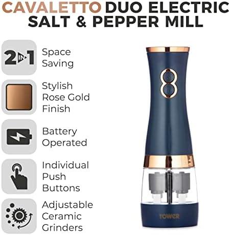 Tower T847004MNB Battery Operated Electric Salt and Pepper Mill Set Midnight BlueRose Gold