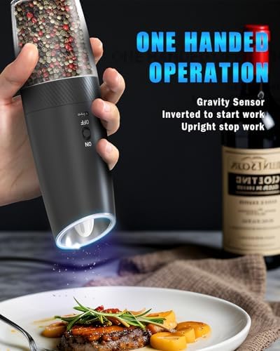 Tomentific 2-Pack Gravity Electric Salt and Pepper Grinder Set USB Rechargeable Black