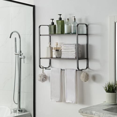 2 Tier Bathroom Shelves with Towel Bar and Hooks Gray 1
