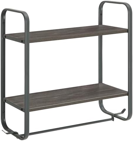 2 Tier Bathroom Shelves with Towel Bar and Hooks Gray 1