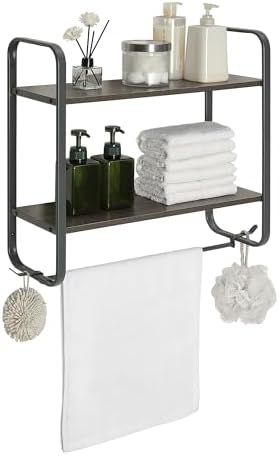 2 Tier Bathroom Shelves with Towel Bar and Hooks Gray 1