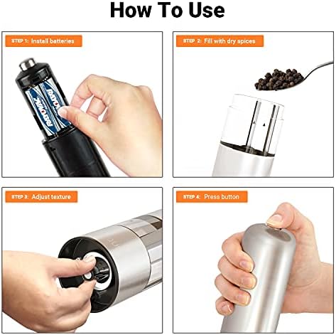 Electric Salt Pepper Grinder Set - Automatic Refillable Stainless Steel Spice Mills with Light