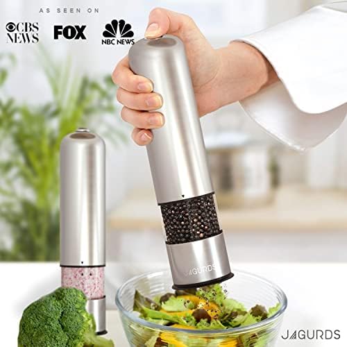 Electric Salt Pepper Grinder Set - Automatic Refillable Stainless Steel Spice Mills with Light