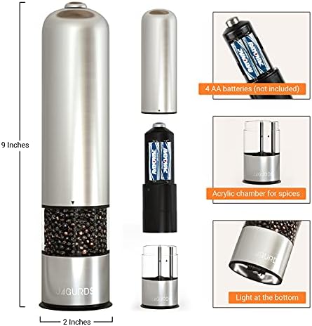 Electric Salt Pepper Grinder Set - Automatic Refillable Stainless Steel Spice Mills with Light
