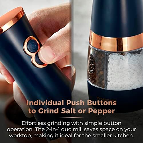 Tower T847004MNB Battery Operated Electric Salt and Pepper Mill Set Midnight BlueRose Gold
