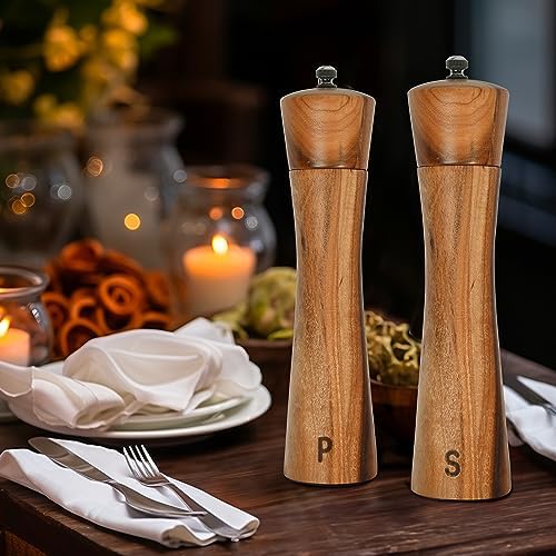 Finnhome Salt and Pepper Grinder Set with Wooden Stand Acacia Wood Adjustable Coarseness