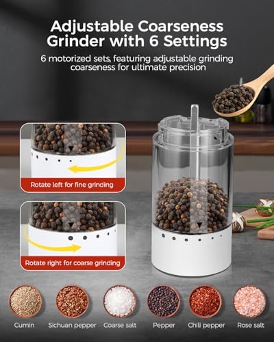 Stainless Steel Electric Salt Pepper Grinder with 6 Coarseness Settings White