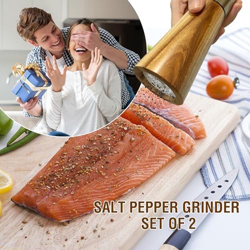 Premium 304 Stainless Steel Salt and Pepper Grinder Set with Oak Body