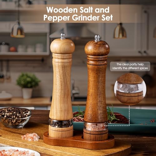 Adjustable Wooden Salt and Pepper Mill Set with Brush and Spoon Yellow Brown