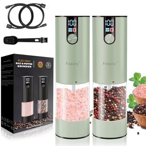 FoqucyAdjustable Salt Pepper Grinder Set with LED Light Rechargeable Battery 2 Pack