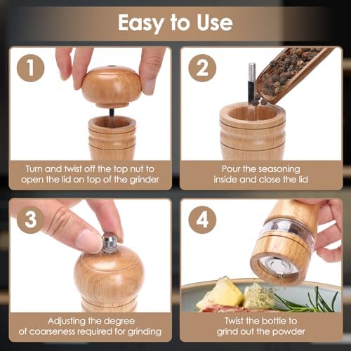 Adjustable Wooden Salt and Pepper Mill Set with Brush and Spoon Yellow Brown
