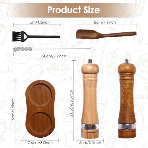 Adjustable Wooden Salt and Pepper Mill Set with Brush and Spoon Yellow Brown