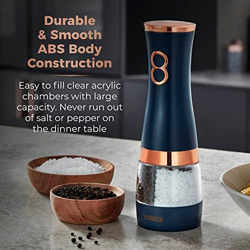 Tower T847004MNB Battery Operated Electric Salt and Pepper Mill Set Midnight BlueRose Gold