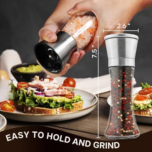 Premium Salt and Pepper Grinder Set - 2 Refillable with Sleek Design