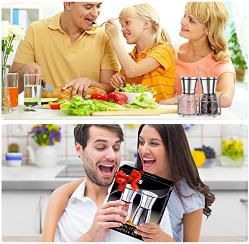 Premium stainless steel salt and pepper grinder set with coarseness adjustment and funnels