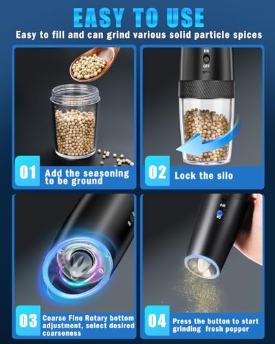 Tomentific 2-Pack Gravity Electric Salt and Pepper Grinder Set USB Rechargeable Black
