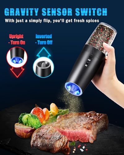 Tomentific 2-Pack Gravity Electric Salt and Pepper Grinder Set USB Rechargeable Black