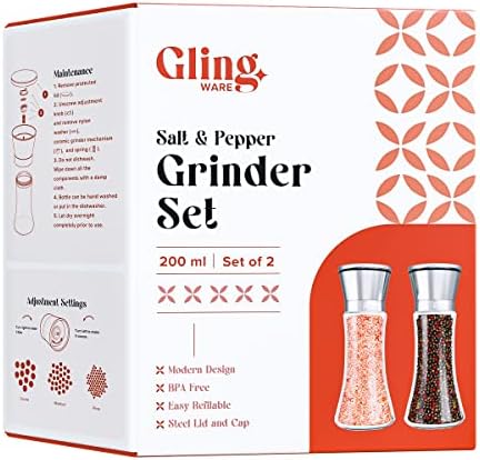 GLING Salt and Pepper Grinder Set - Refillable Stainless Steel Shakers
