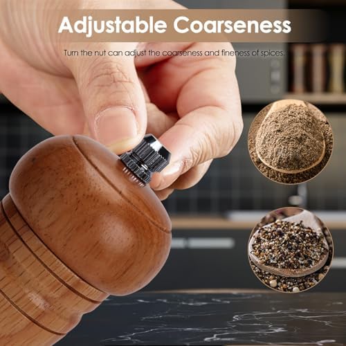 Adjustable Wooden Salt and Pepper Mill Set with Brush and Spoon Yellow Brown