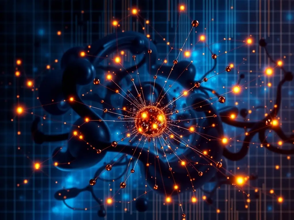 An abstract representation of a decision matrix with dark matter elements visualized in a futuristic setting, symbolizing the innovative approach to decision-making.
