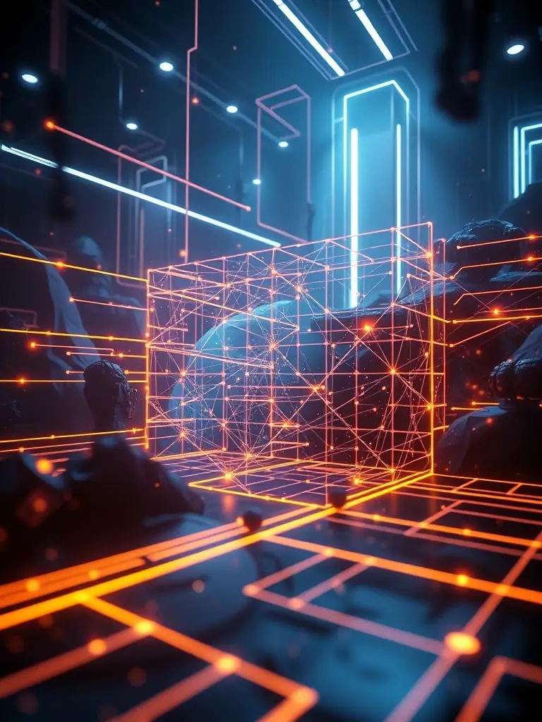 An abstract representation of a decision matrix with dark matter elements visualized in a futuristic setting, symbolizing Dark Matter Decision Matrix Innovation.