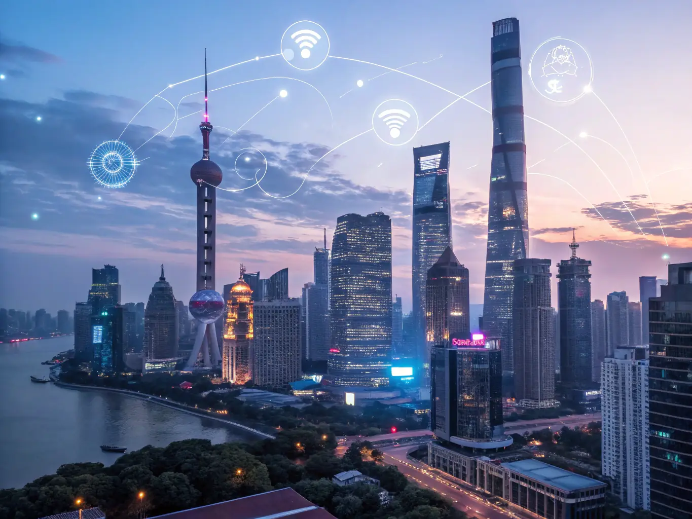 A futuristic cityscape with superstring-like connections highlighting the interconnectedness of technology and energy demand.