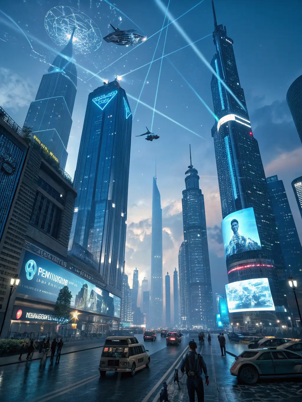 A futuristic cityscape with interconnected nodes representing civilization-level tech resonance mapping.